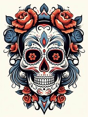 Naklejka premium Ornate Sugar Skull with Red Roses and Blue Floral Accents