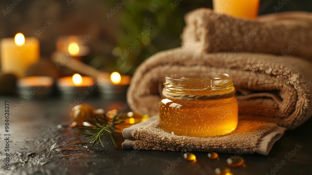 Poster luxurious honey based face mask in elegant spa like setting with candles and towels
