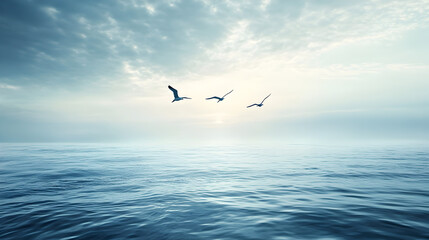 Birds flying over a peaceful ocean.


