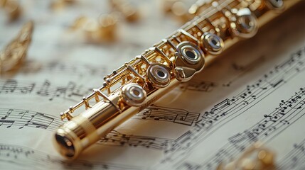 Naklejka premium A Gold Flute Resting on Sheet Music