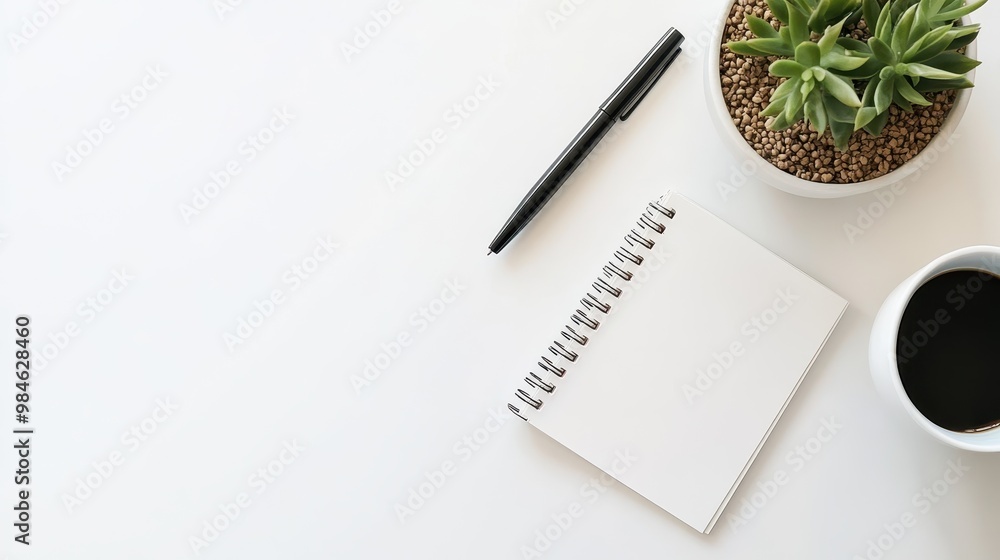 Poster minimalist workspace with notebook and succulent