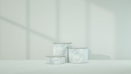 3d render, natural cylinder podium concept, mockup, template, stone podium display in wall shadow background. Scene for product display. Realistic podium Illustration.