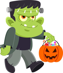Cute Halloween Green Monster Cartoon Character Walking With Pumpkin Candy Basket. Vector Illustration Flat Design Isolated On Transparent Background