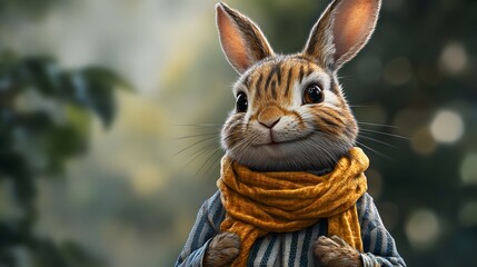Cute Rabbit Wearing a Scarf - Portrait of a Friendly Bunny with Warm Colors and a Blurred Background - Stock Photo.