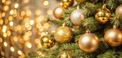 Obraz premium Christmas Tree With Baubles balls And Blurred Shiny Lights ornaments decoration