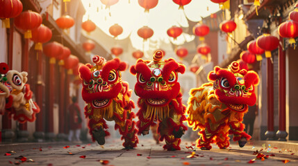 Fototapeta premium Exuberant Lion Dance Scene Radiating Joy and Cultural Celebration in Vivid Colors