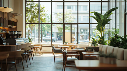 A modern coffee house interior featuring large windows, natural light, and stylish furniture.