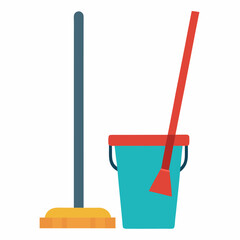 Mop and Bucket Vector Illustration on White Background for Cleaning Graphics