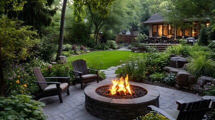 A cozy outdoor setting with comfortable chairs around an inviting fire pit, surrounded by lush...