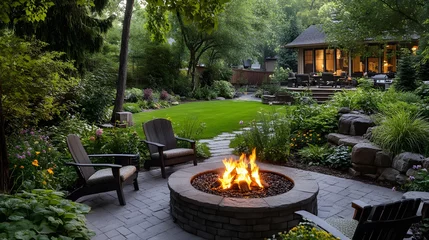 A cozy outdoor setting with comfortable chairs around an inviting fire pit, surrounded by lush greenery and a well-organized home garden, offering warmth on cool nights in the yard.