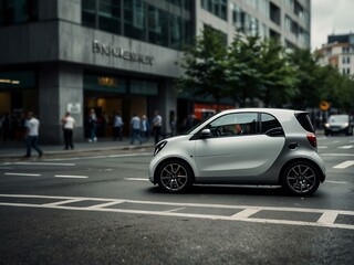 Smart car scanning surroundings on a busy road.