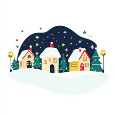 The scene captures a charming snowy village at night, featuring houses decorated with vibrant Christmas lights, lush festive trees, and twinkling stars above in a serene ambiance