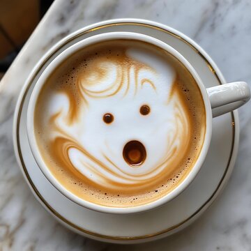 A cup of coffee with a surprised face latte art.