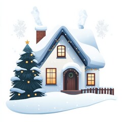 Naklejka premium This cozy winter cottage, with a snowy roof and festive lights, is set against a simple white backdrop, complete with a pine tree in the yard, perfectly capturing the season's charm