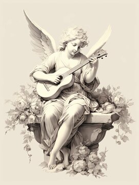 recommend clip art: Angel Playing a Guitar Amidst Floral Decorations
