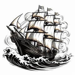 A Three-Masted Sailing Ship Navigating Through Turbulent Waters