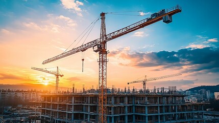 Construction Cranes and a Partially Constructed Building at Sunset