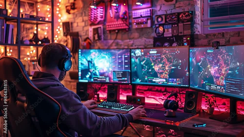 Poster a gamer intensely focuses on a multiplayer online game, surrounded by colorful lights and high-tech 