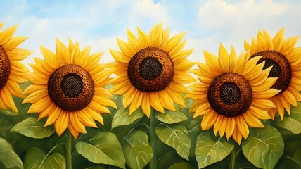Fototapeta premium Radiant sunflower field, golden petals and soft greens, realistic textures, watercolor painting