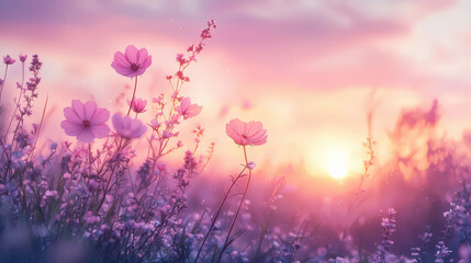 Wildflowers blooming in field under pink sunset create serene and enchanting atmosphere. soft hues of pink and purple evoke sense of tranquility and beauty