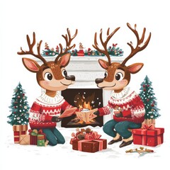 Naklejka premium A joyful family of reindeer dressed in colorful Christmas sweaters opens presents near a warm fireplace, surrounded by holiday decorations and a cheerful atmosphere