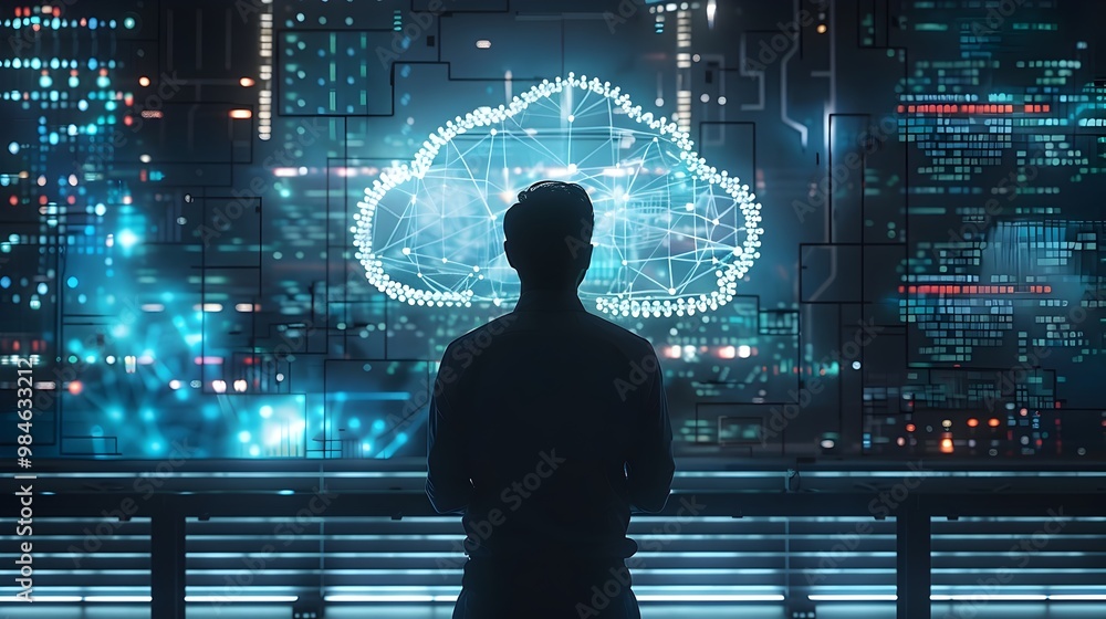 Poster cybersecurity expert monitoring cloud security with holographic interface in high tech control room