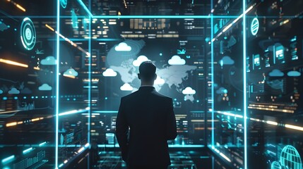 Cybersecurity Expert Monitoring Cloud Security Through Holographic Interface in a High Tech Control Room