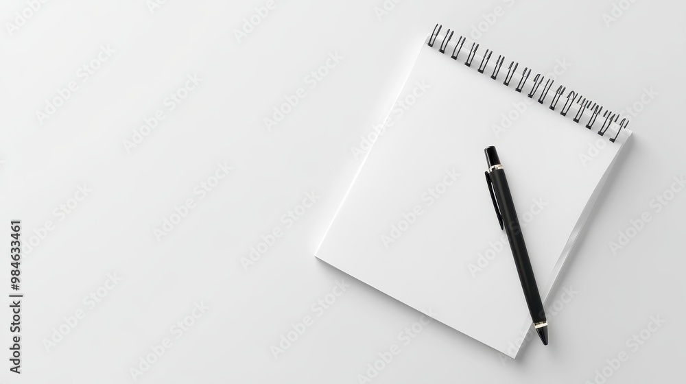 Poster minimalist workspace with blank notebook and pen