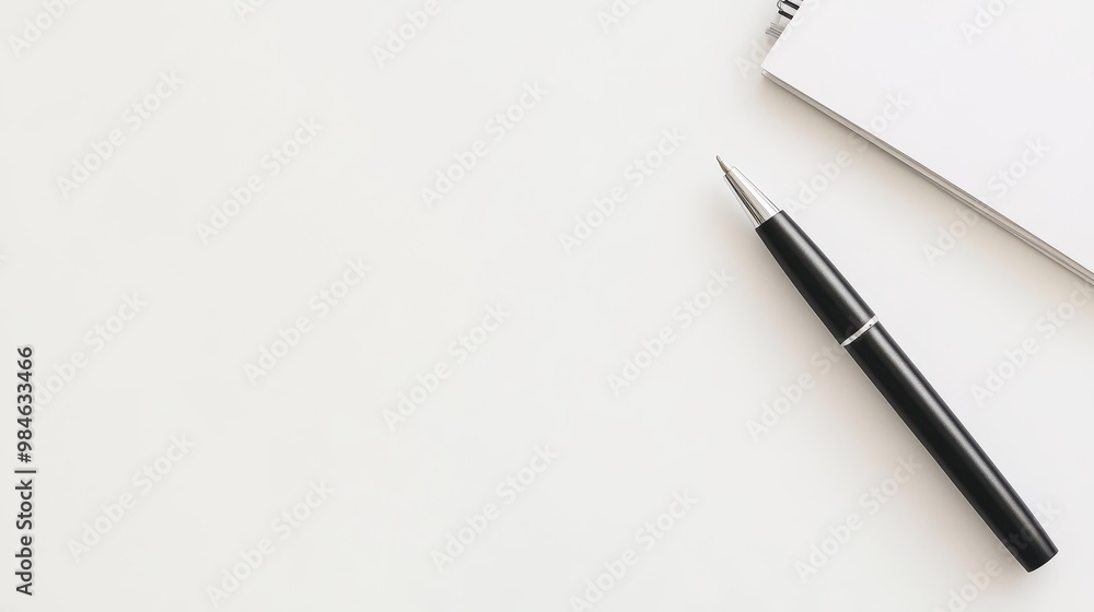 Poster minimalist desk with pen and notebook on white background