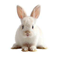 Fototapeta premium A close-up portrait of a white bunny with fluffy fur, soft eyes, and small pink nose. The bunny is sitting on a white background, looking directly at the camera.