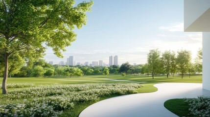 A panoramic view of a modern city with parks and green spaces, emphasizing sustainable urban growth.