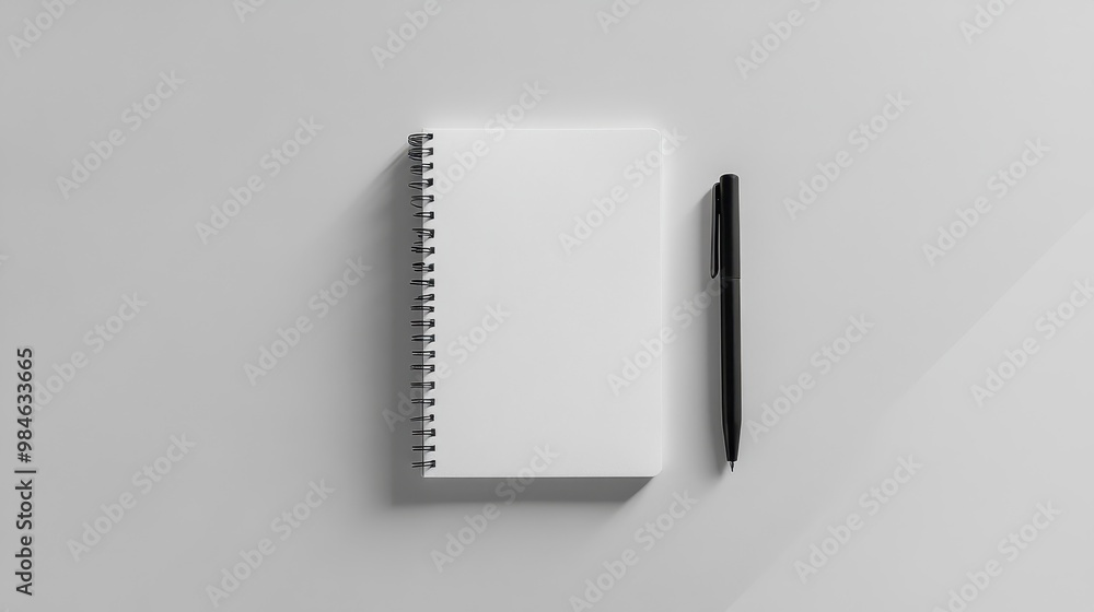 Poster minimalist notebook and pen on a plain background