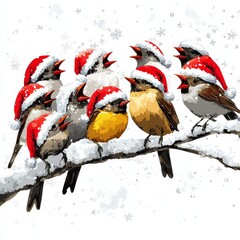 A joyful gathering of birds wearing Santa hats is perched on a snowy branch, singing Christmas carols in a peaceful winter setting. Their festive spirit brightens the snowy background