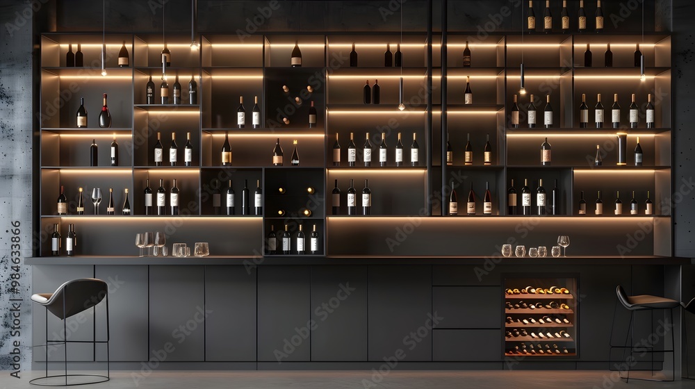 Poster sleek and illuminated modern wine bar with variety of bottles on display