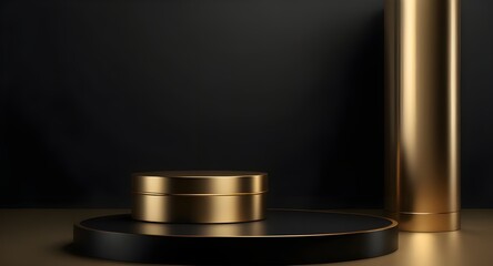 Minimal black scene with golden lines. Cylindrical gold and black podium on a black background. 3D stage for displaying a cosmetic product