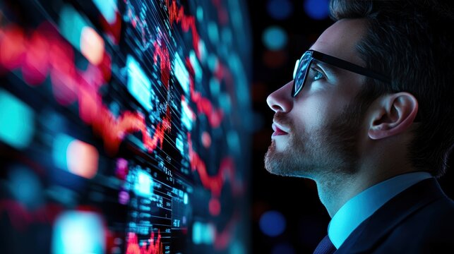 A group of diverse business professionals gathered around a large screen displaying multiple stock charts, analyzing data and discussing market strategies.