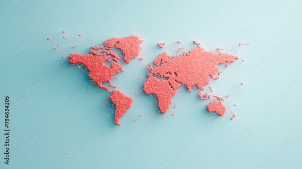 Poster a stylized map of the world with interconnected lines representing global trade routes and financial