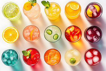Vibrant summer drink collection, perfect for a cocktail party setup from above