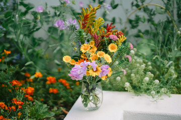 Spring flowers from 
australian backyard. Daisies, kangaroo paw, sweet pea.Analog film style photo 