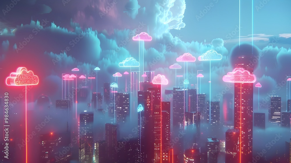 Poster glowing futuristic city skyline symbolizing cloud networking and computing concept