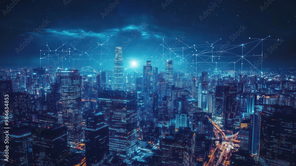 Wall mural night cityscape with network connections