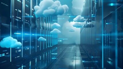 Futuristic Server Room with Floating Cloud Icons and Data Streams Between Servers