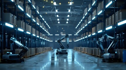 Obraz premium Cloud Powered Robotic Warehouse with Automated Logistics Software and Connected Systems