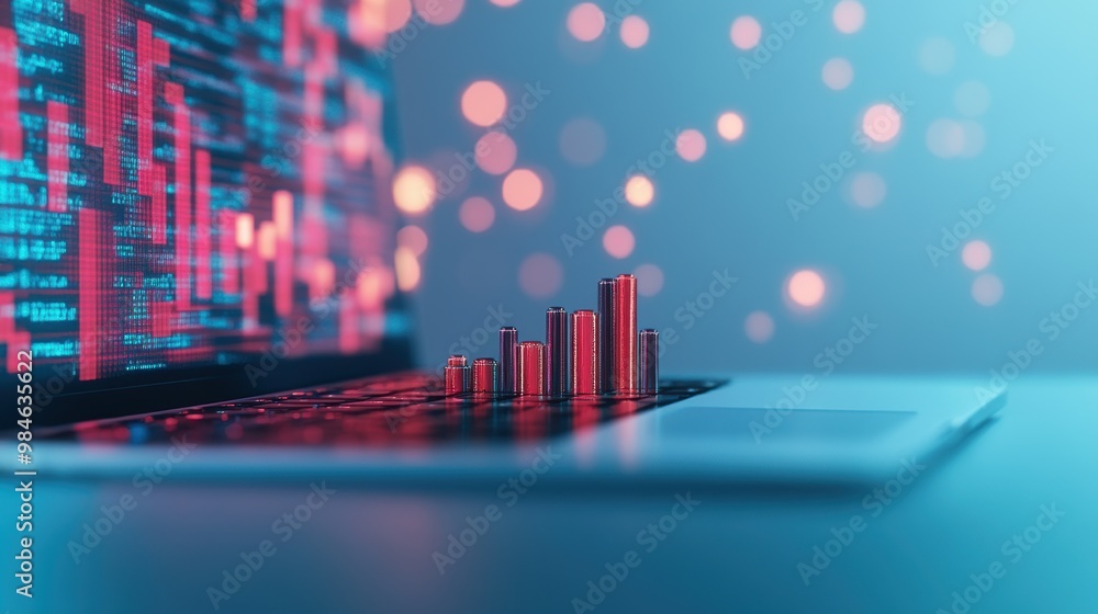 Poster a complex financial graph displayed on a laptop screen, highlighting key data points.