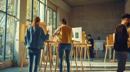 A group of election volunteers setting up voting booths and preparing materials inside a polling station early in the morning, ensuring everything is ready for voters. 