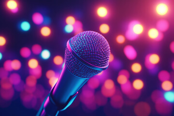 Dynamic 3D Microphone on Stage with Blurred Lights, Capturing the Essence of Live Performance, Music, and Public Speaking in a Spotlight Setting