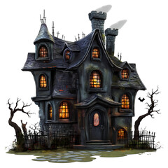 halloween  with haunted house. Spooky Haunted House with Flickering Lights a dark ambiance. Perfect for Halloween themes or spooky illustrations on transparent background, cut out, png