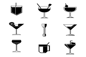Minimalist Black and White Vector Icons of Various Cocktail Glasses and Bar Tools, Including Martini Glass, Margarita Glass, Mugs, and Stirrer for Modern Bar Design.