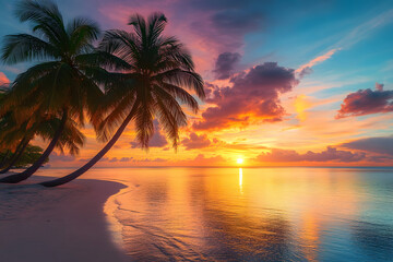Vivid, colorful sunset casts its glow on a tropical island beach lined with swaying coconut palm trees, painting a serene and picturesque scene