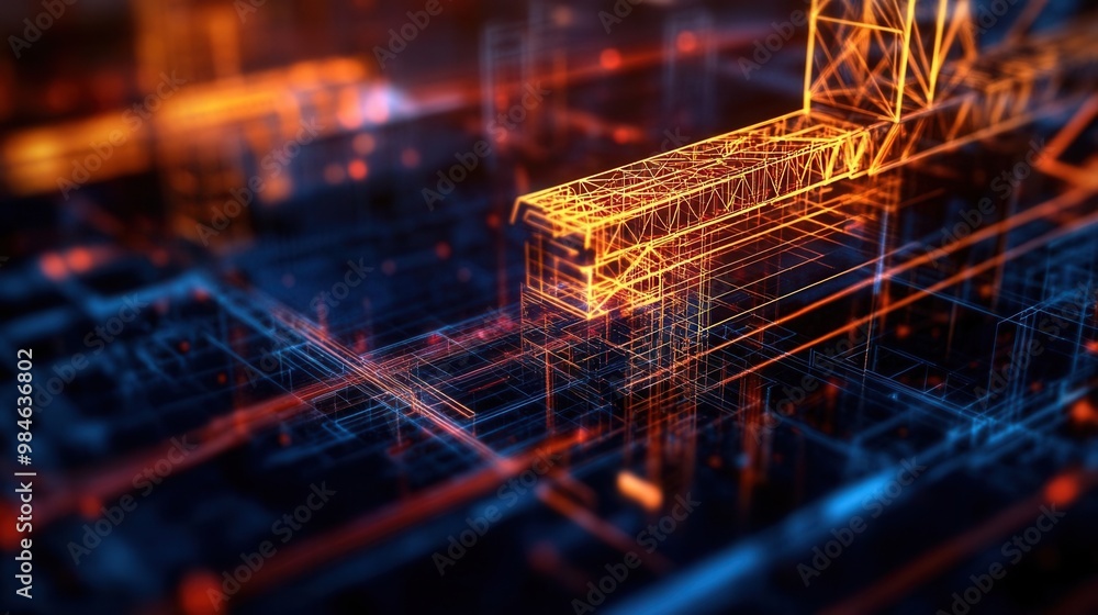 Poster 3d model of a construction project with simulation overlays demonstrating construction phases and st